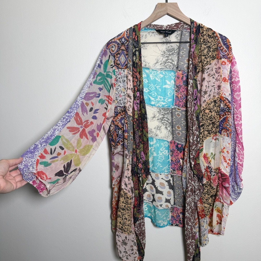 Young Threads Patchwork Floral Kimono Cardigan Open Front Viscose Multi Size M